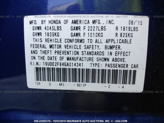 19UDE2F84GA014341 - 2016 ACURA ILX PREMIUM STYLE/TECH STYLE BLUE photo 9