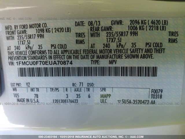 1FMCU0F70EUA70874 - 2014 FORD ESCAPE S WHITE photo 9