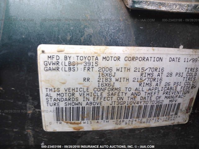 JT3GP10V4Y7070362 - 2000 TOYOTA RAV4 GREEN photo 9