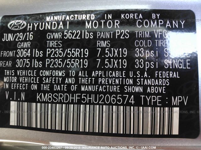 KM8SRDHF5HU206574 - 2017 HYUNDAI SANTA FE SE/LIMITED GRAY photo 9