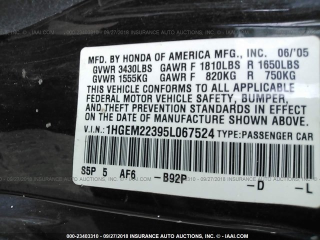 1HGEM22395L067524 - 2005 HONDA CIVIC DX VP BLACK photo 9