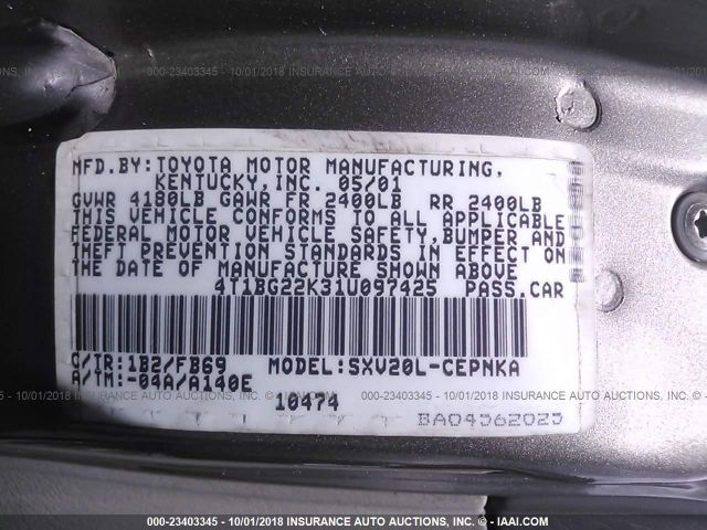 4T1BG22K31U097425 - 2001 TOYOTA CAMRY CE/LE/XLE ყავისფერი ფოტო 9