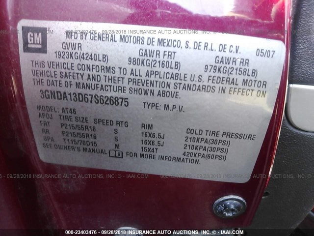 3GNDA13D67S626875 - 2007 CHEVROLET HHR LS RED photo 9