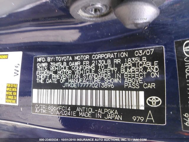 JTKDE177770213896 - 2007 TOYOTA SCION TC 蓝色 照片 9