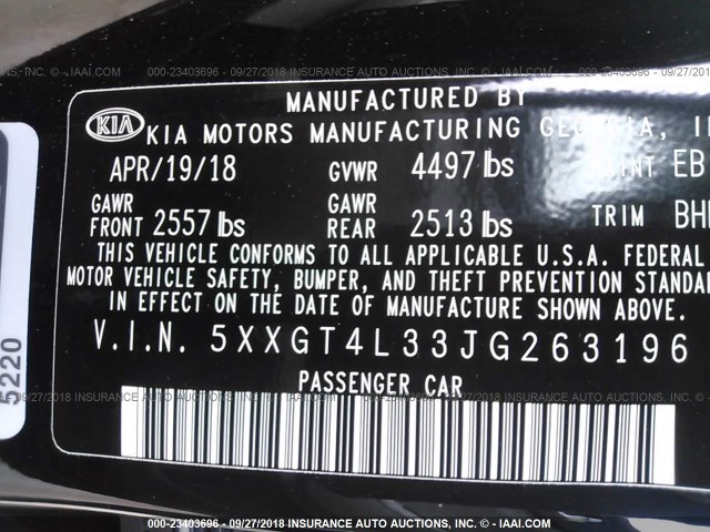 5XXGT4L33JG263196 - 2018 KIA OPTIMA LX/S BLACK photo 9