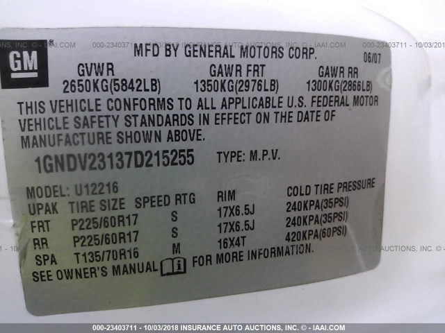 1GNDV23137D215255 - 2007 CHEVROLET UPLANDER LS WHITE photo 9