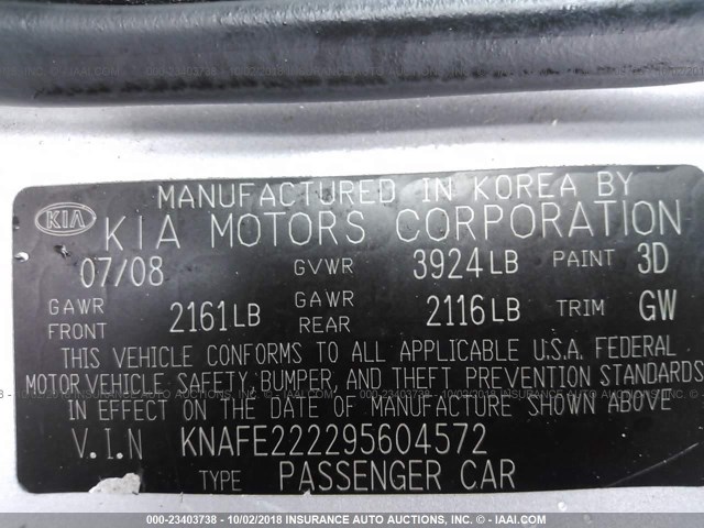 KNAFE222295604572 - 2009 KIA SPECTRA EX/LX/SX SILVER photo 9