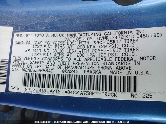 5TELU42N86Z268840 - 2006 TOYOTA TACOMA DOUBLE CAB 蓝色 照片 9