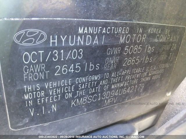 KM8SC13D94U642179 - 2004 HYUNDAI SANTA FE Dark Blue photo 9