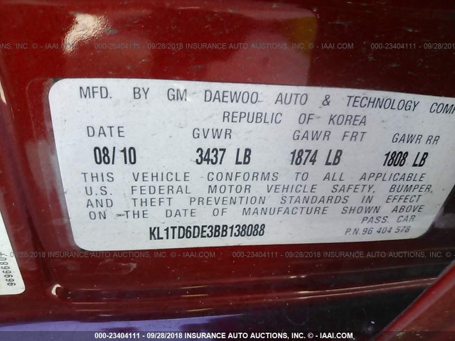 KL1TD6DE3BB138088 - 2011 CHEVROLET AVEO RED photo 9