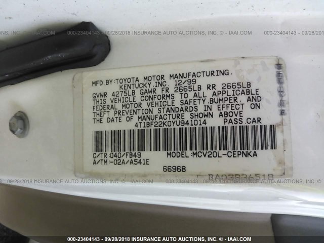 4T1BF22K0YU941014 - 2000 TOYOTA CAMRY LE/XLE 白色 照片 9