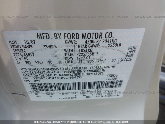1FMCU04128KC16478 - 2008 FORD ESCAPE LIMITED TAN photo 9