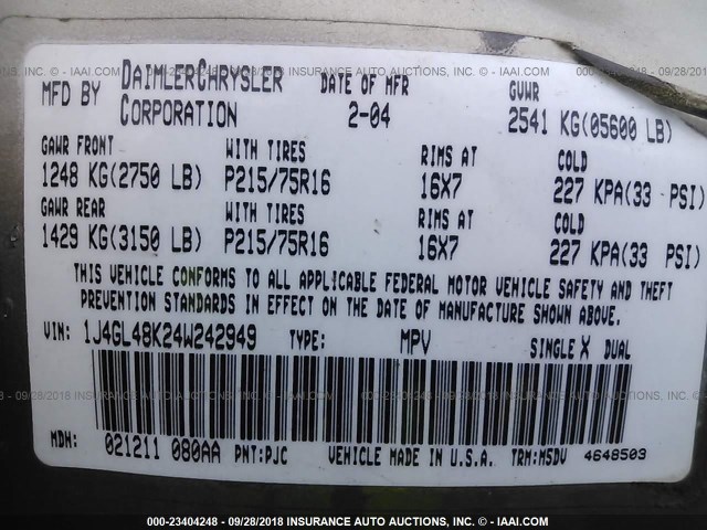 1J4GL48K24W242949 - 2004 JEEP LIBERTY SPORT TAN photo 9