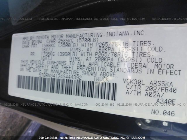 5TBRN34124S444392 - 2004 TOYOTA TUNDRA ACCESS CAB SR5 BLACK photo 9