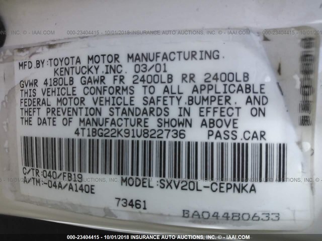 4T1BG22K91U822736 - 2001 TOYOTA CAMRY CE/LE/XLE 白色 照片 9