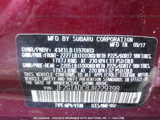 JF2GTADC8JH229398 - 2018 SUBARU CROSSTREK PREMIUM Կարմիր լուսանկար 9