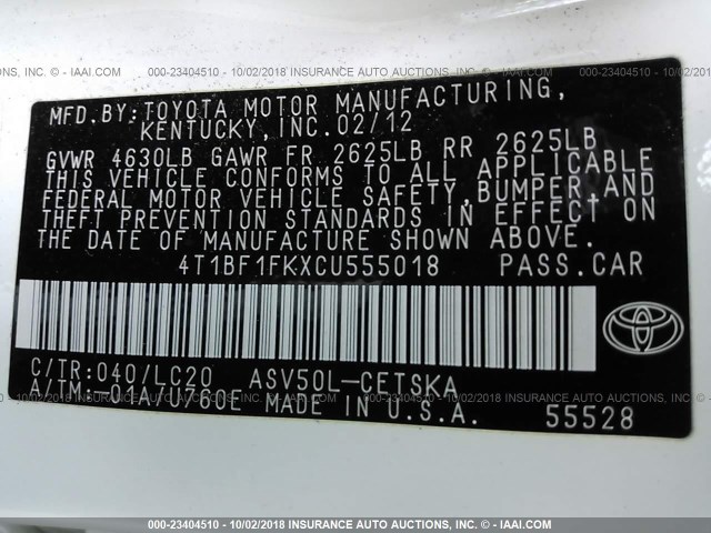 4T1BF1FKXCU555018 - 2012 TOYOTA CAMRY SE/LE/XLE 白色 照片 9