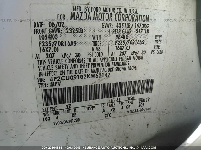 4F2CU09182KM62147 - 2002 MAZDA TRIBUTE LX/ES 白色 照片 9