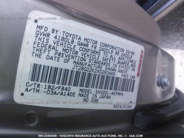 JT2BG22K2X0283468 - 1999 TOYOTA CAMRY LE/XLE TAN photo 9