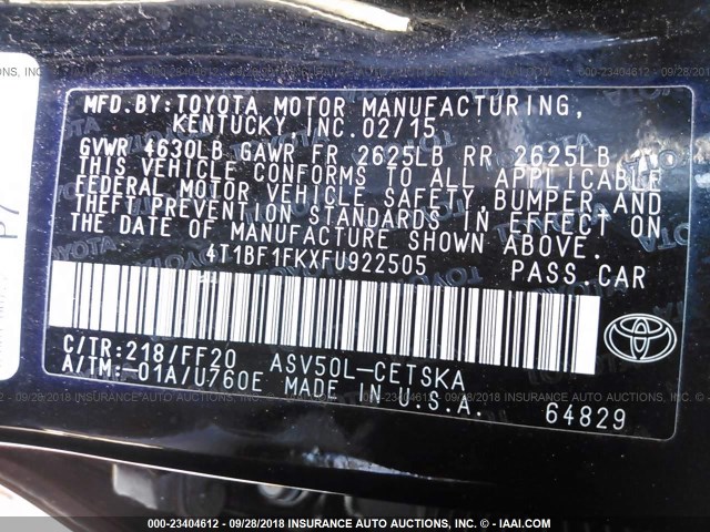 4T1BF1FKXFU922505 - 2015 TOYOTA CAMRY LE/XLE/SE/XSE 黑色 照片 9