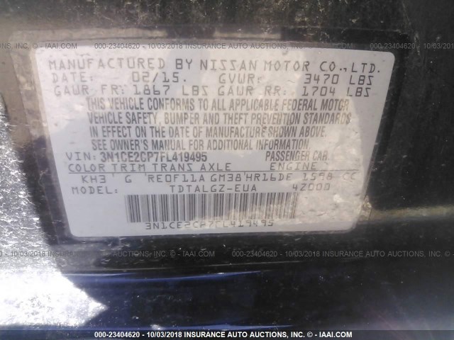 3N1CE2CP7FL419495 - 2015 NISSAN VERSA NOTE S/S PLUS/SV/SL/SR BLACK photo 9