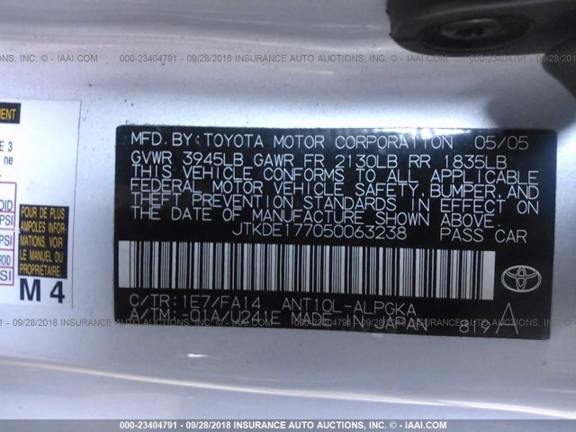 JTKDE177050063238 - 2005 TOYOTA SCION TC 银色 照片 9