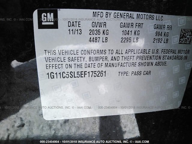 1G11C5SL5EF175261 - 2014 CHEVROLET MALIBU 1LT BLACK photo 9