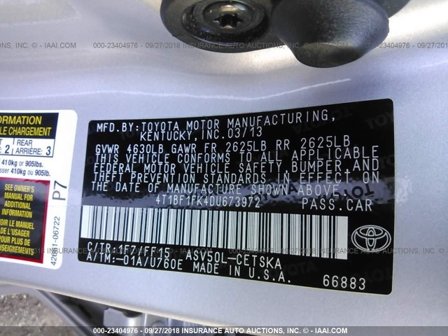 4T1BF1FK4DU673972 - 2013 TOYOTA CAMRY L/SE/LE/XLE Gümüş foto 9