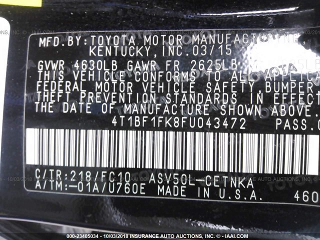 4T1BF1FK8FU043472 - 2015 TOYOTA CAMRY LE/XLE/SE/XSE BLACK photo 9