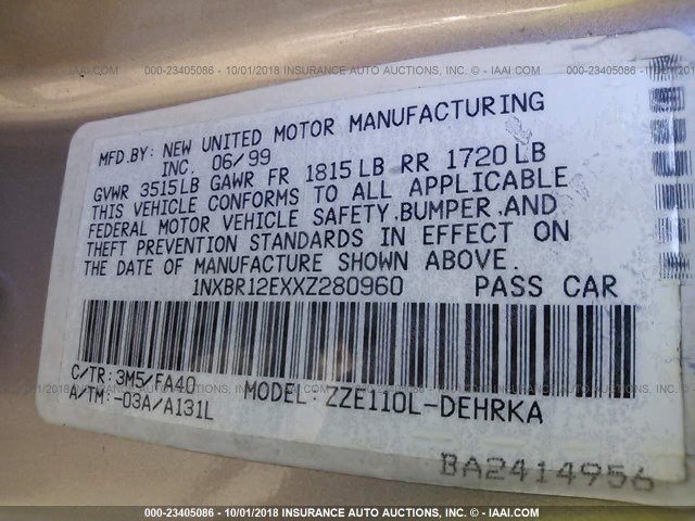 1NXBR12EXXZ280960 - 1999 TOYOTA COROLLA VE/CE/LE BROWN photo 9