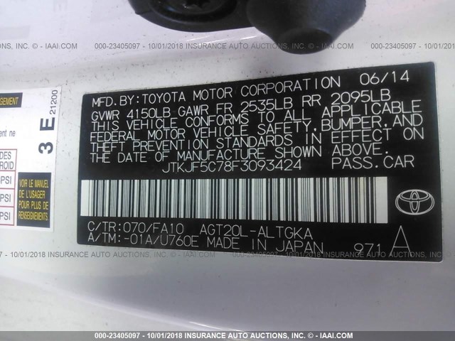 JTKJF5C78F3093424 - 2015 TOYOTA SCION TC 白色 照片 9