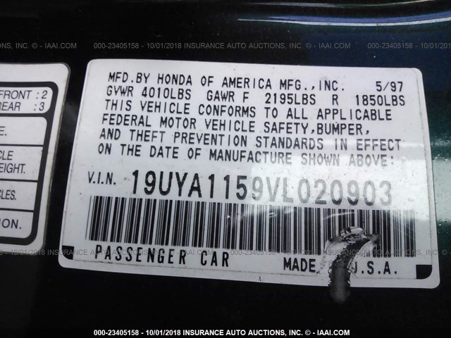 19UYA1159VL020903 - 1997 ACURA 2.2CL GREEN photo 9