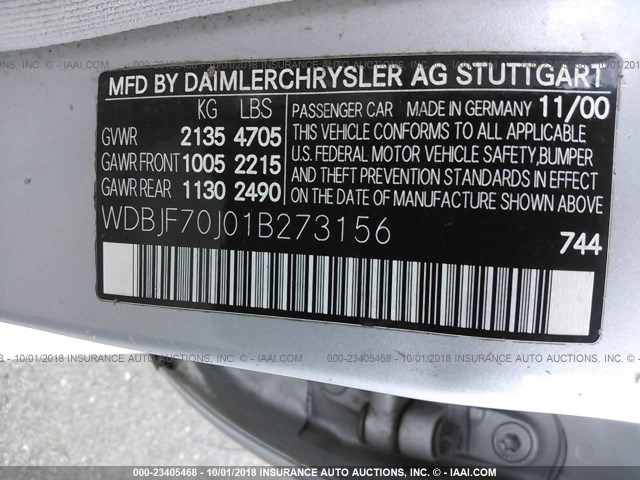 WDBJF70J01B273156 - 2001 MERCEDES-BENZ E 430 SILVER photo 9