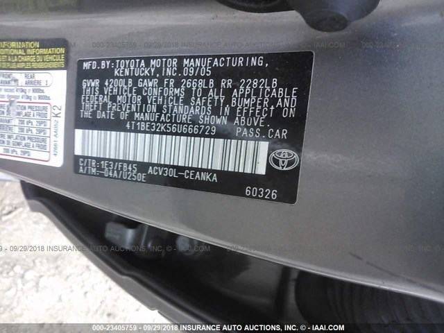 4T1BE32K56U666729 - 2006 TOYOTA CAMRY LE/XLE/SE Сұр фото 9