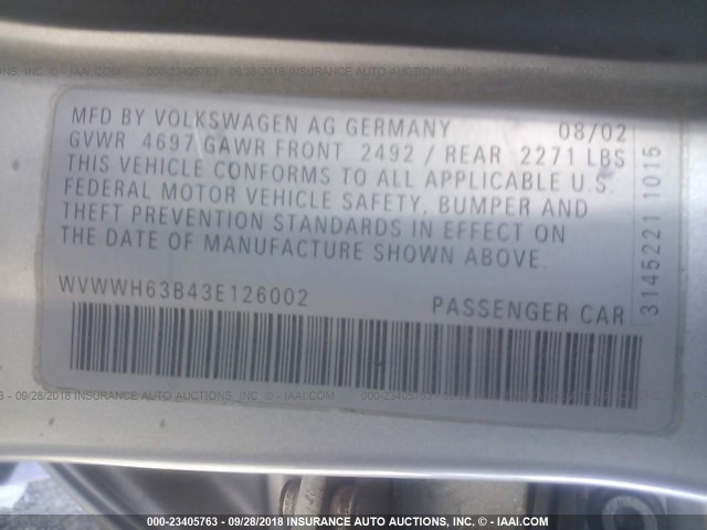 WVWWH63B43E126002 - 2003 VOLKSWAGEN PASSAT GLX GRAY photo 9