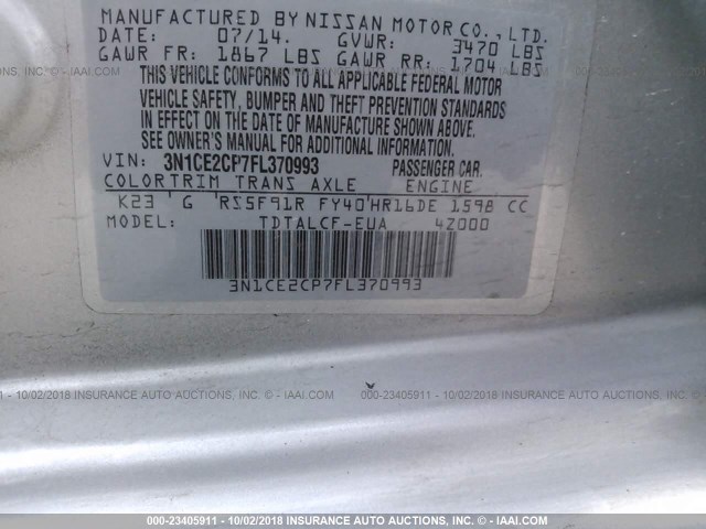3N1CE2CP7FL370993 - 2015 NISSAN VERSA NOTE S/S PLUS/SV/SL/SR SILVER photo 9