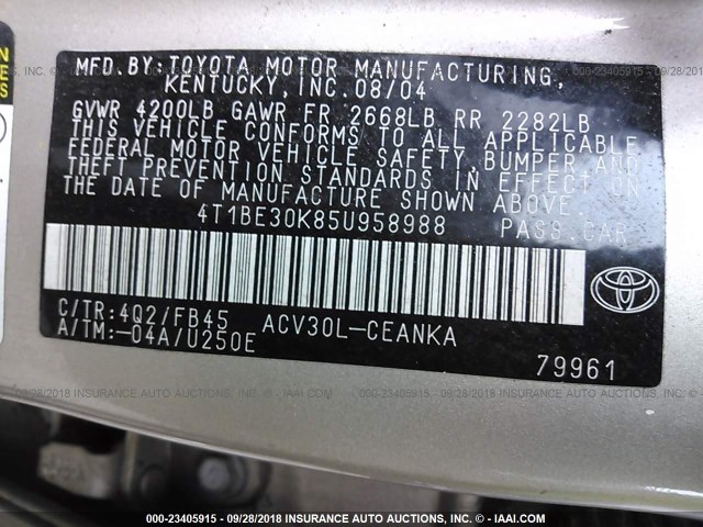 4T1BE30K85U958988 - 2005 TOYOTA CAMRY LE/XLE/SE GOLD photo 9