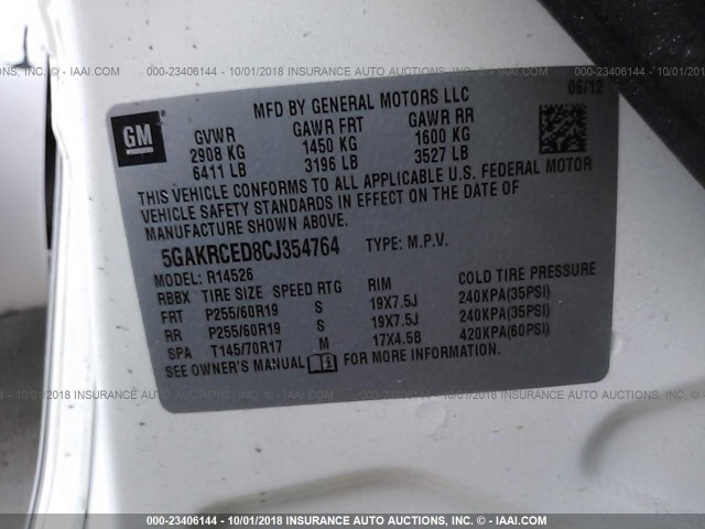 5GAKRCED8CJ354764 - 2012 BUICK ENCLAVE CREAM photo 9