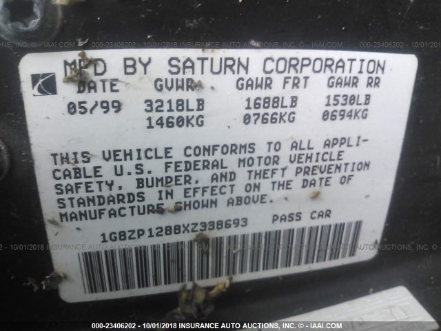 1G8ZP1288XZ338693 - 1999 SATURN SC1 BLUE photo 9