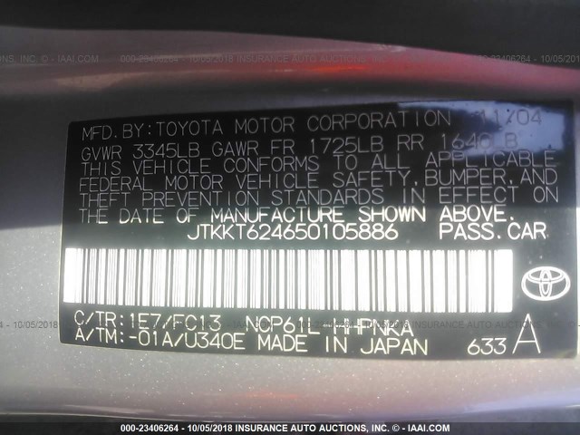 JTKKT624650105886 - 2005 TOYOTA SCION XA ვერცხლისფერი ფოტო 9