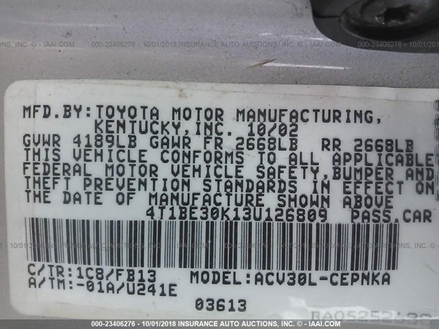 4T1BE30K13U126809 - 2003 TOYOTA CAMRY LE/XLE/SE Күміс фото 9