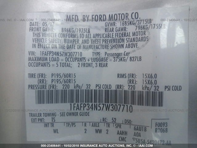 1FAFP34N57W307710 - 2007 FORD FOCUS ZX4/S/SE/SES Күміс фото 9