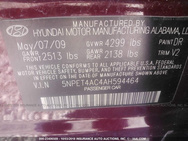 5NPET4AC4AH594464 - 2010 HYUNDAI SONATA GLS MAROON photo 9