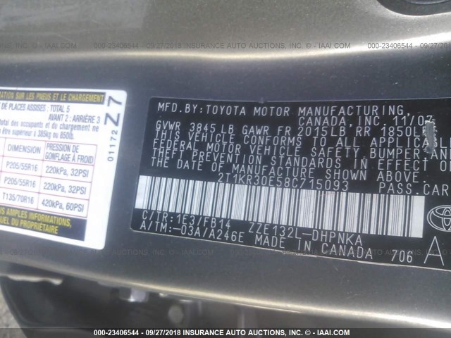 2T1KR30E58C715093 - 2008 TOYOTA COROLLA MATRIX XR GRAY photo 9