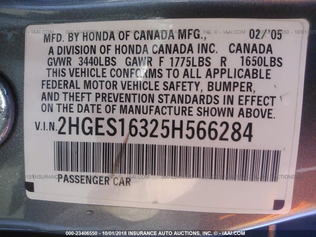 2HGES16325H566284 - 2005 HONDA CIVIC DX VP 灰色 照片 9