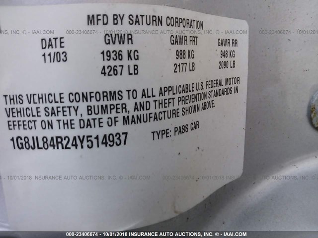 1G8JL84R24Y514937 - 2004 SATURN LW300 LEVEL 3 SILVER photo 9