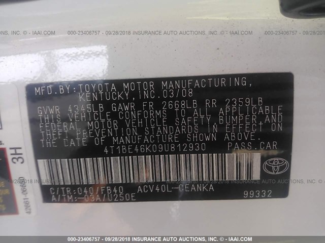 4T1BE46K09U812930 - 2009 TOYOTA CAMRY SE/LE/XLE თეთრი ფოტო 9