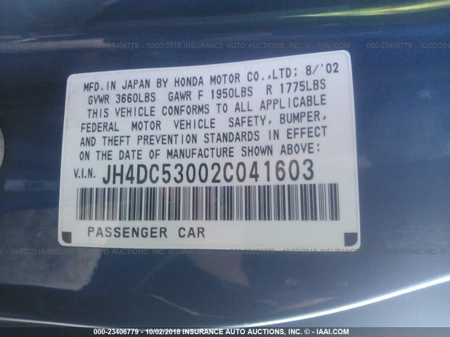 JH4DC53002C041603 - 2002 ACURA RSX TYPE-S BLUE photo 9