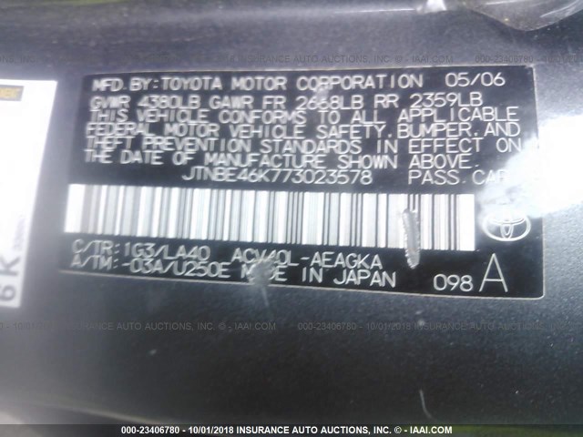 JTNBE46K773023578 - 2007 TOYOTA CAMRY NEW GENERATION CE/LE/XLE/SE GRAY photo 9