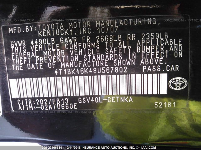 4T1BK46K48U567802 - 2008 TOYOTA CAMRY LE/XLE/SE BLACK photo 9